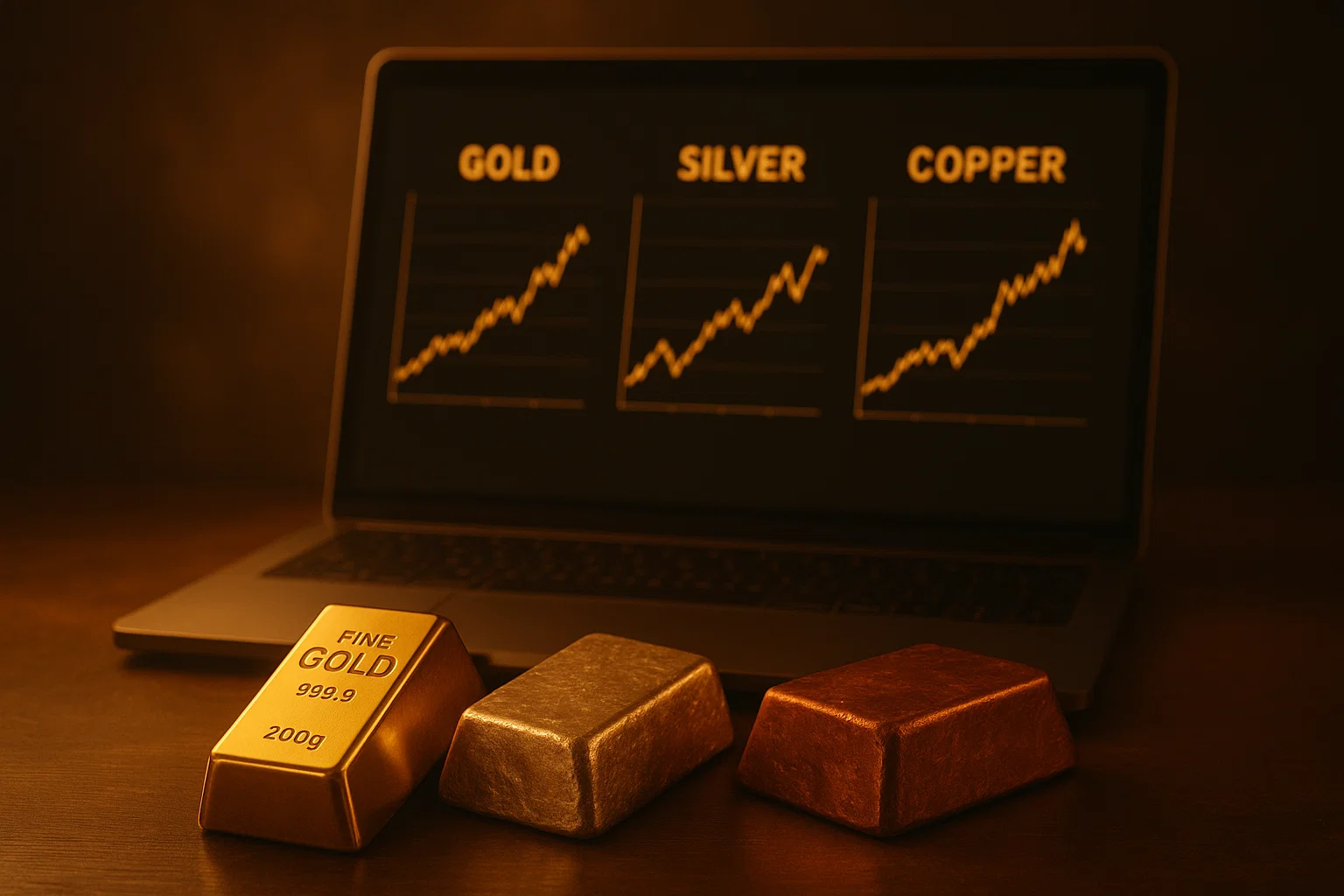Comparison of three physical metals—gold, silver, and copper—next to a laptop screen showing their respective price charts.