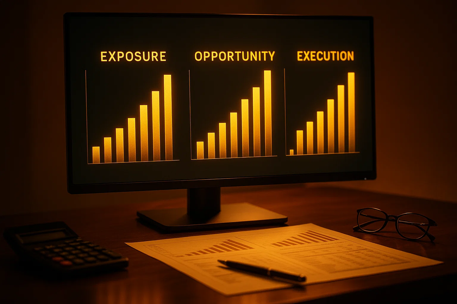 Three golden, glowing bar charts on a dark monitor, labeled 'EXPOSURE,' 'OPPORTUNITY,' and 'EXECUTION,' symbolizing the core benefits of margin trading.
