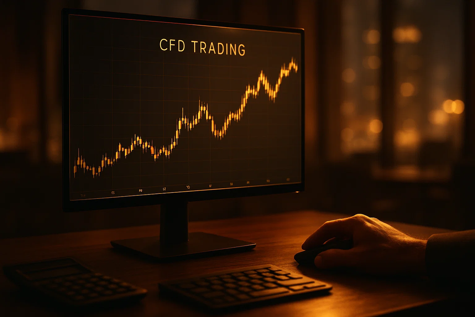 A professional trading desk with golden lighting and a monitor showing a financial chart labeled "CFD TRADING.