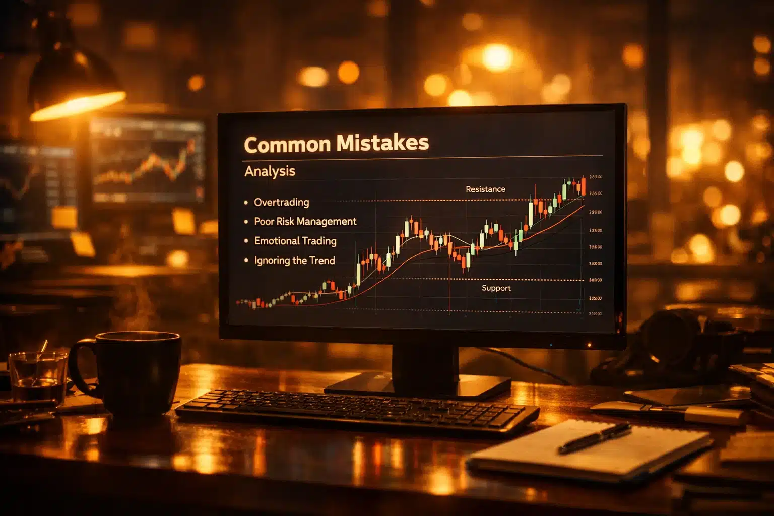 Visual representation of common trading mistakes on a sophisticated golden-lit monitor.