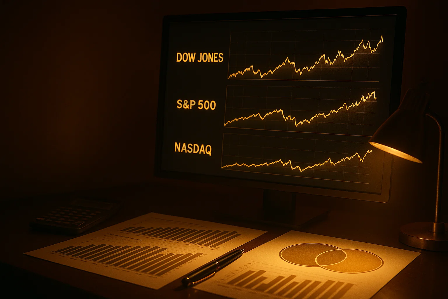 Hyper-realistic scene comparing the Dow Jones, S&P 500, and Nasdaq charts on a golden-lit monitor.