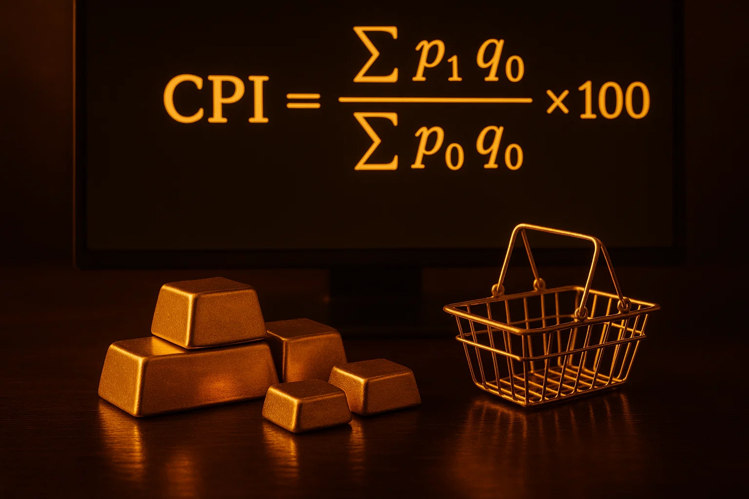 Visual metaphor for the CPI calculation showing weighted gold baskets and a glowing formula on a dark monitor.