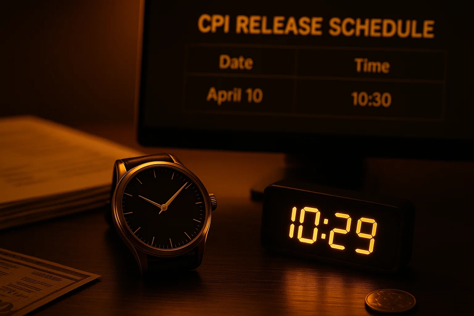 Close-up on a timepiece and a glowing screen showing the exact moment of the CPI release schedule.
