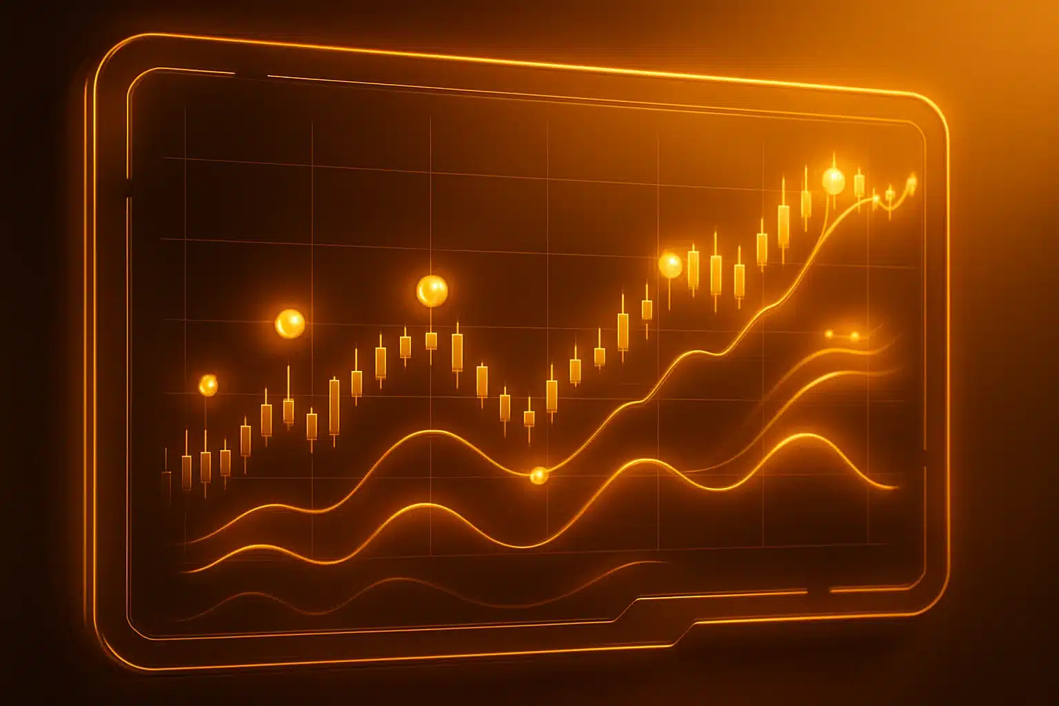 Confirmation techniques gold chart with glowing indicators.