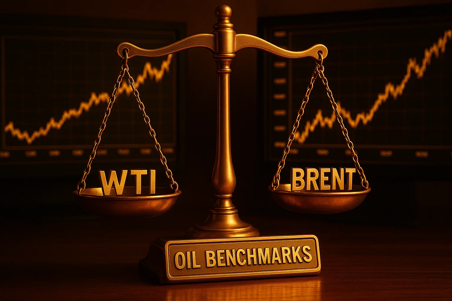 Stylized golden scale comparing WTI and Brent, representing the importance of oil benchmarks in financial analysis.