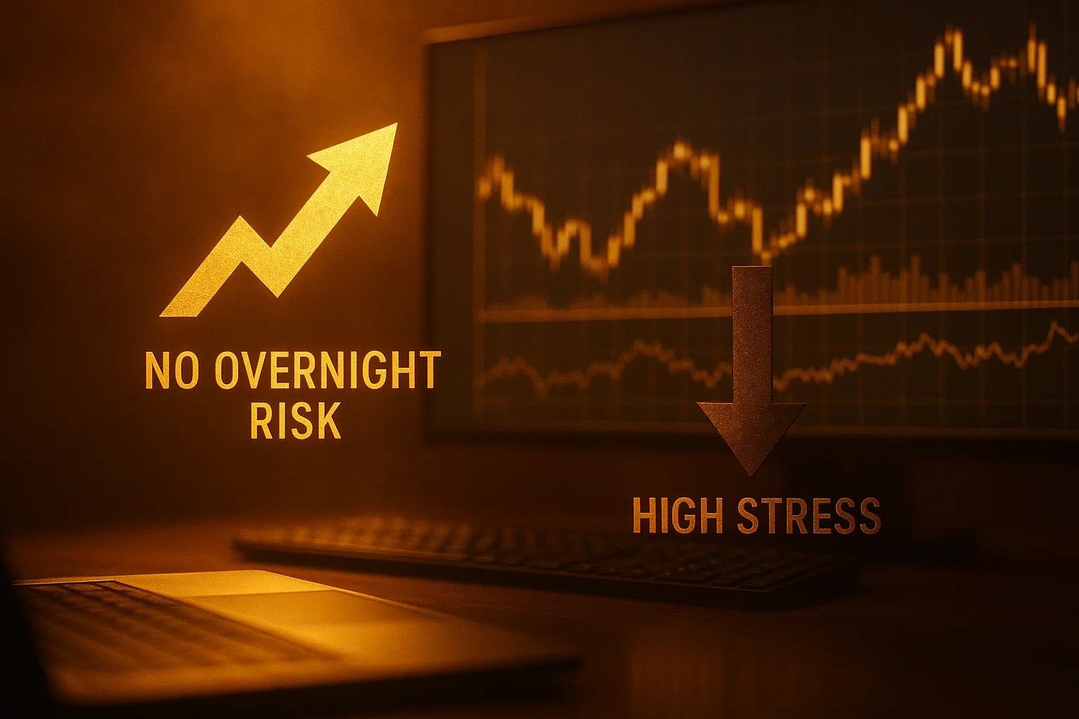 Abstract representation of day trading advantages and disadvantages using upward and downward arrows and thematic lighting.