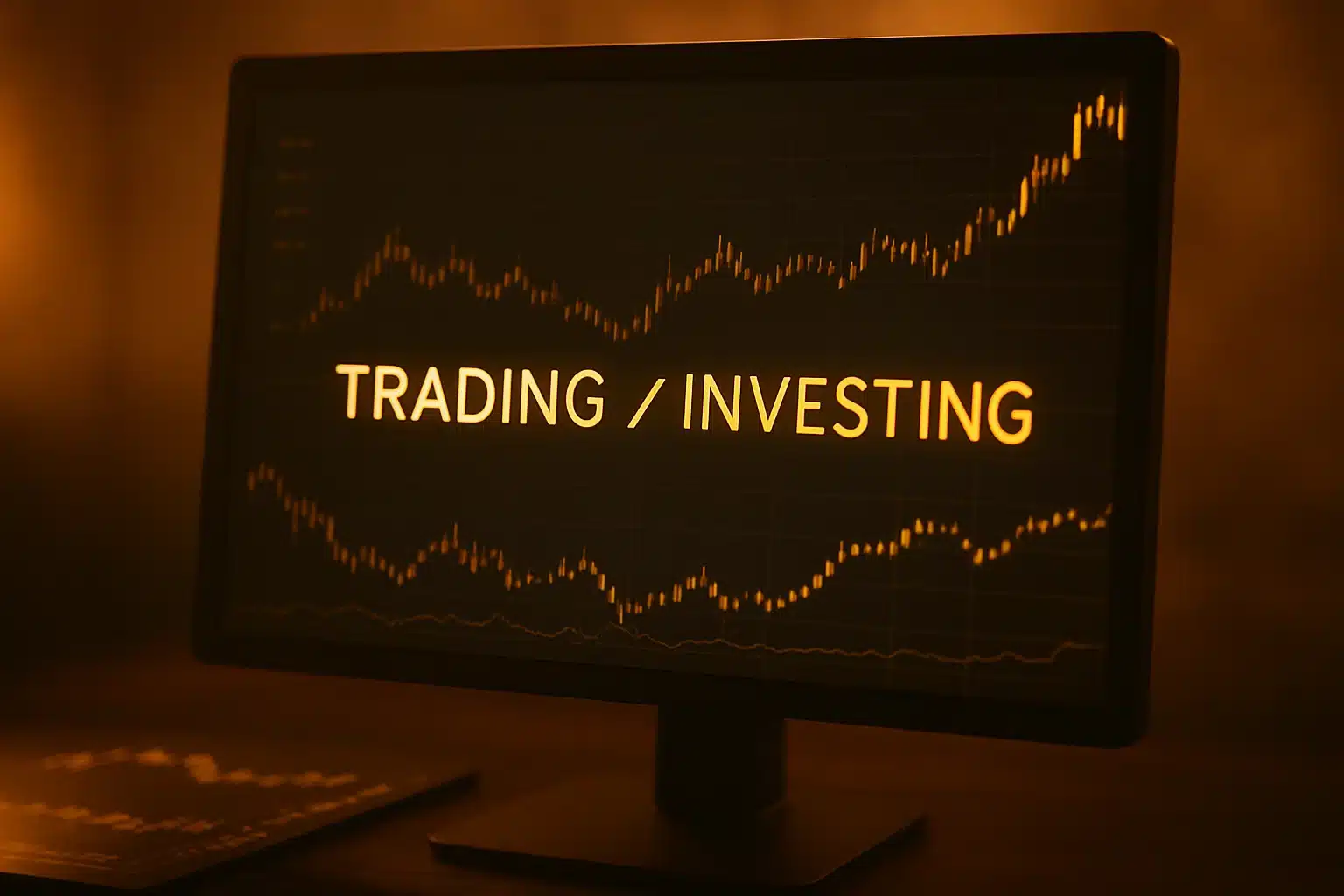 Hyper-realistic golden-lit image showing a monitor contrasting the terms "TRADING" and "INVESTING" to define crypto market activities.
