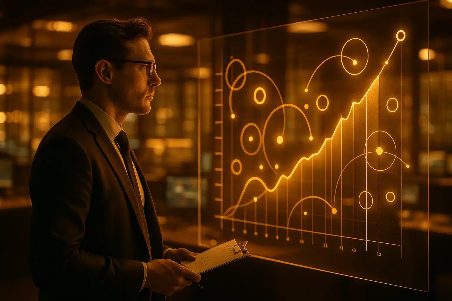 Trader analyzing doji candle on glowing gold trading screen.
