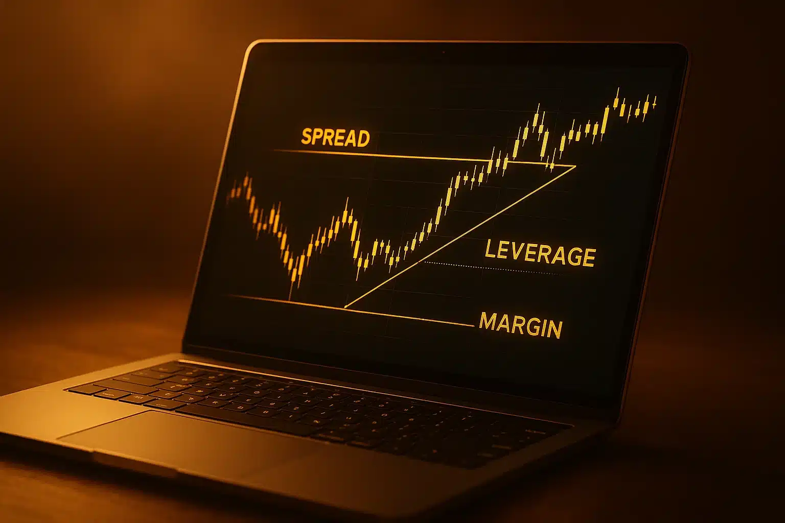 Close-up on a laptop screen with golden graphs illustrating key financial concepts: "SPREAD," "LEVERAGE," and "MARGIN."