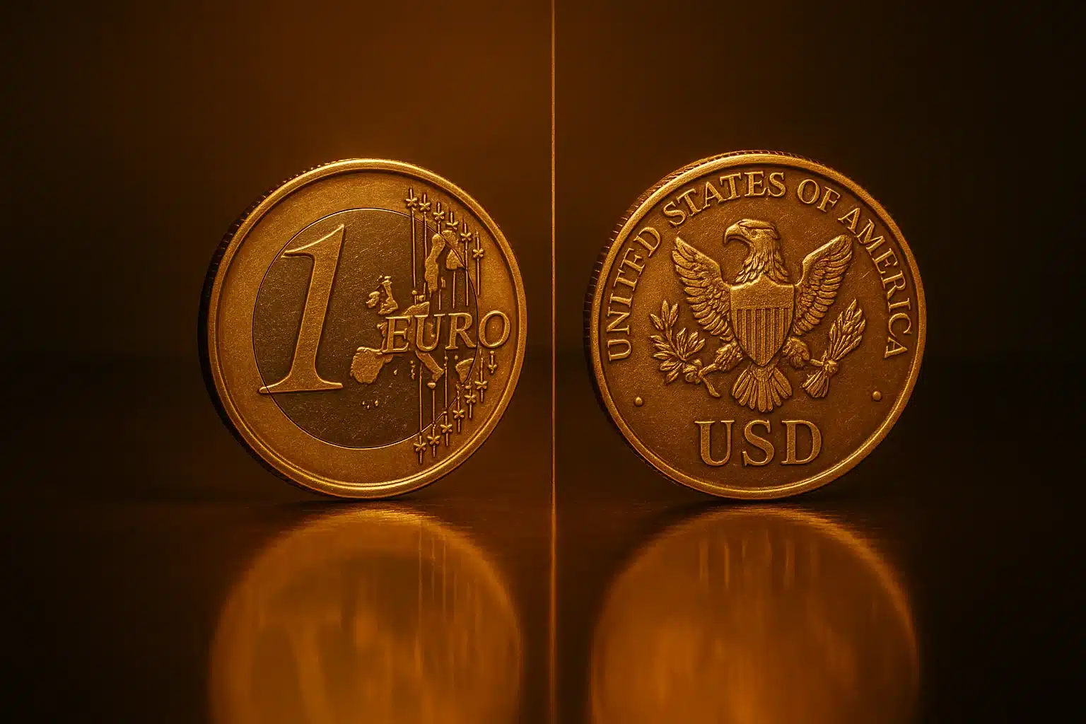 Two symbolic coins, one marked EURO and one marked USD, balanced on a dark surface, representing the defined currency pair.