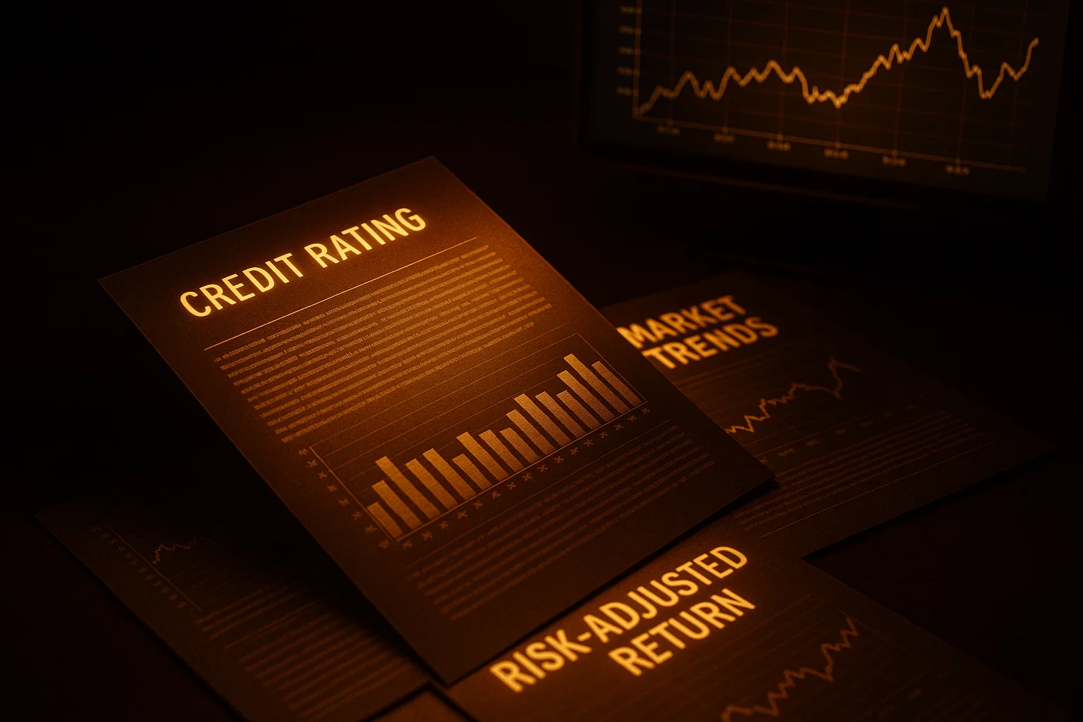Stack of financial reports titled "CREDIT RATING," "MARKET TRENDS," and "RISK-ADJUSTED RETURN" for investment evaluation.
