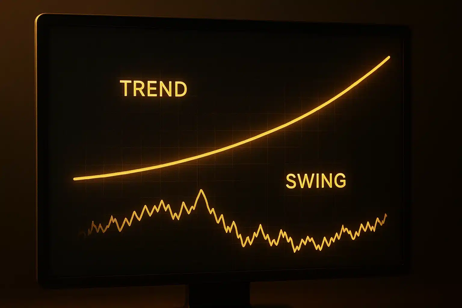 Abstract chart on a dark screen showing golden lines labeled 'TREND' and 'SWING', symbolizing different trading strategies.