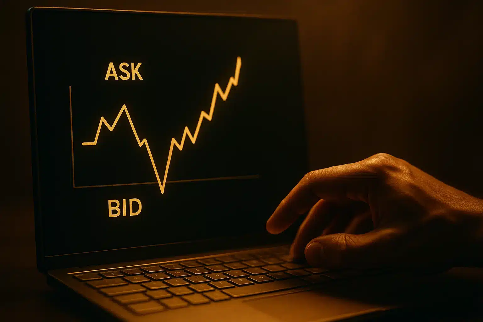 Close-up of a trading screen showing simple 'BID' and 'ASK' labels with golden chart lines, highlighting trade mechanics.
