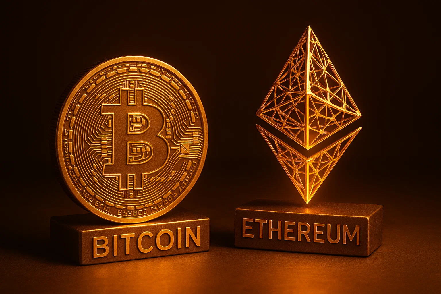 Symbolism of Bitcoin as a simple digital coin and Ethereum as a complex network, reflecting their foundational philosophies.