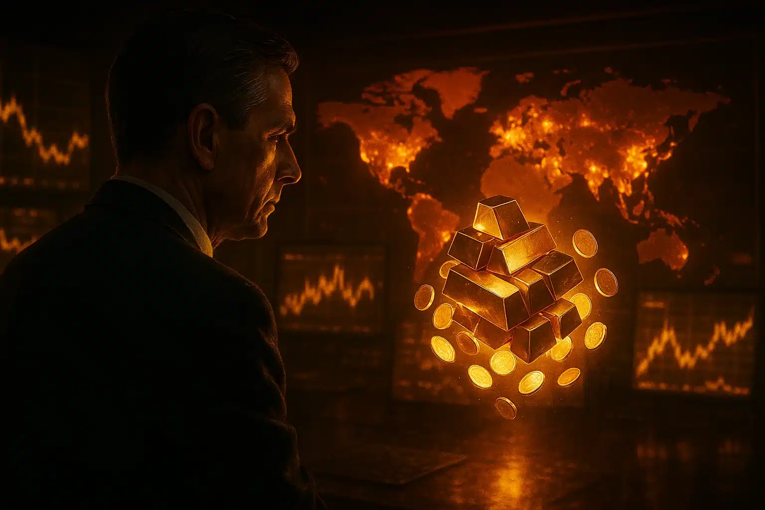 Geopolitical tensions investors flock to gold shown with bars and coins.