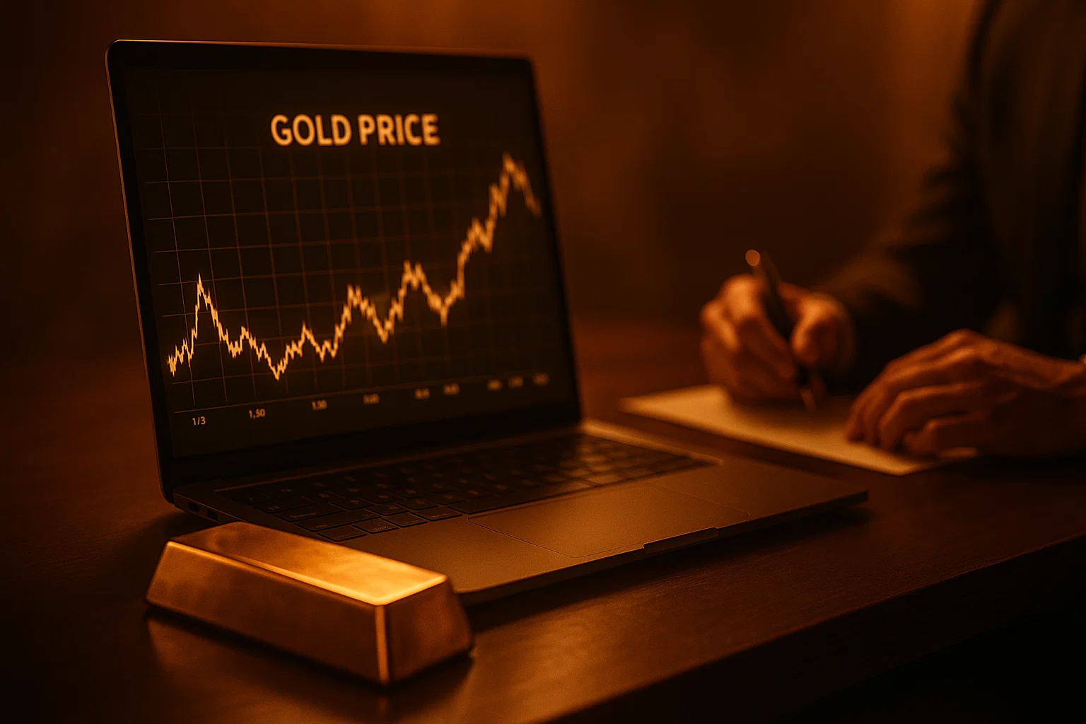 Highly realistic image of a gold bar and a laptop showing a "GOLD PRICE" chart under warm, cinematic lighting.