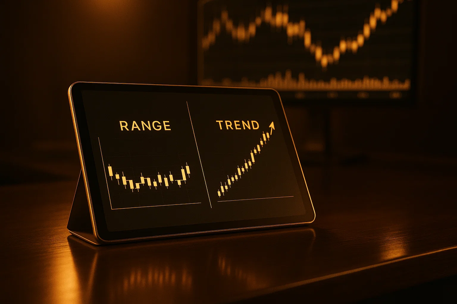 Tablet screen showing a comparison between range-bound and trend-following grid trading strategies.