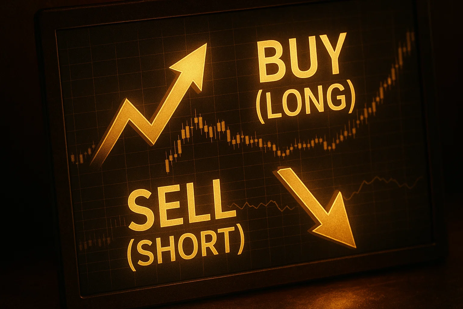 A graphic illustration showing two mirrored, glowing golden arrows on a dark background, symbolizing going long and going short.