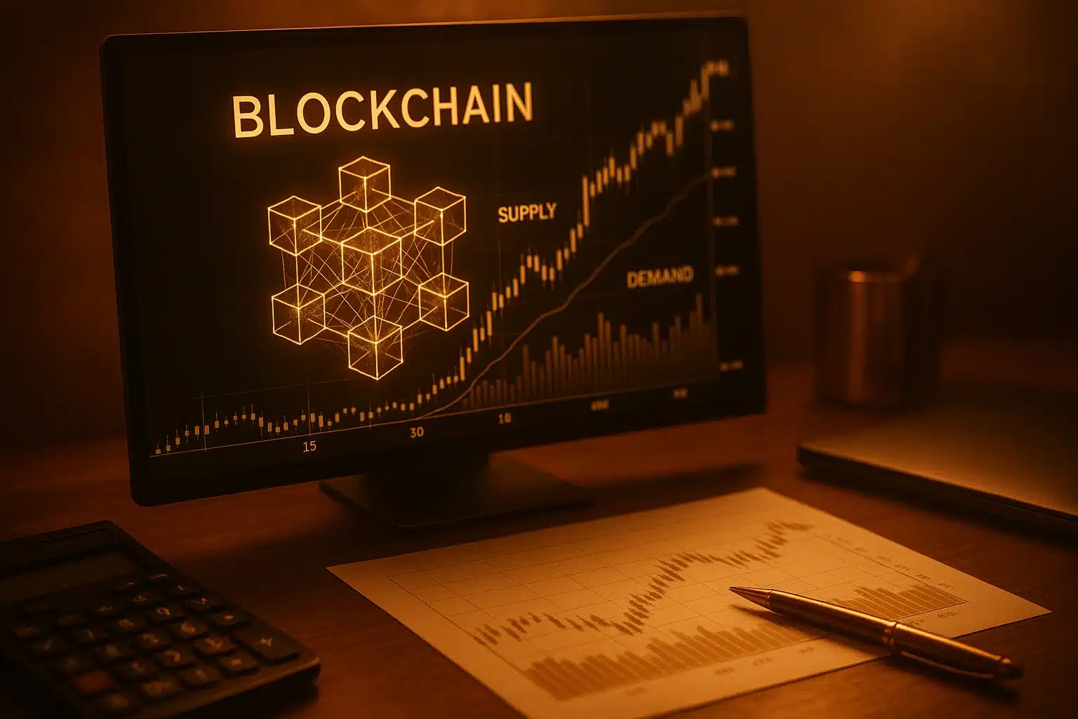 Cinematic golden image of a stylized blockchain structure and a glowing chart on a screen illustrating "SUPPLY" and "DEMAND" dynamics.