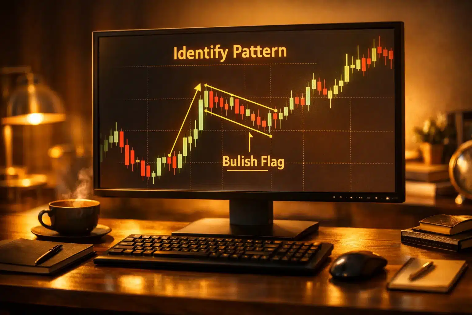 Trading guide for identifying a Bullish Flag pattern on a financial chart with golden highlights.