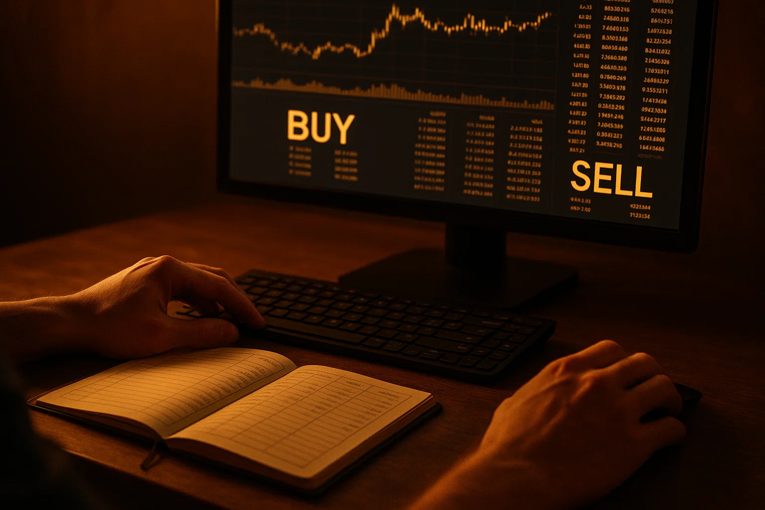 Close-up of a trader's hands over a keyboard near a monitor showing a glowing "BUY" and "SELL" order book, symbolizing the practical steps to trade Bitcoin.