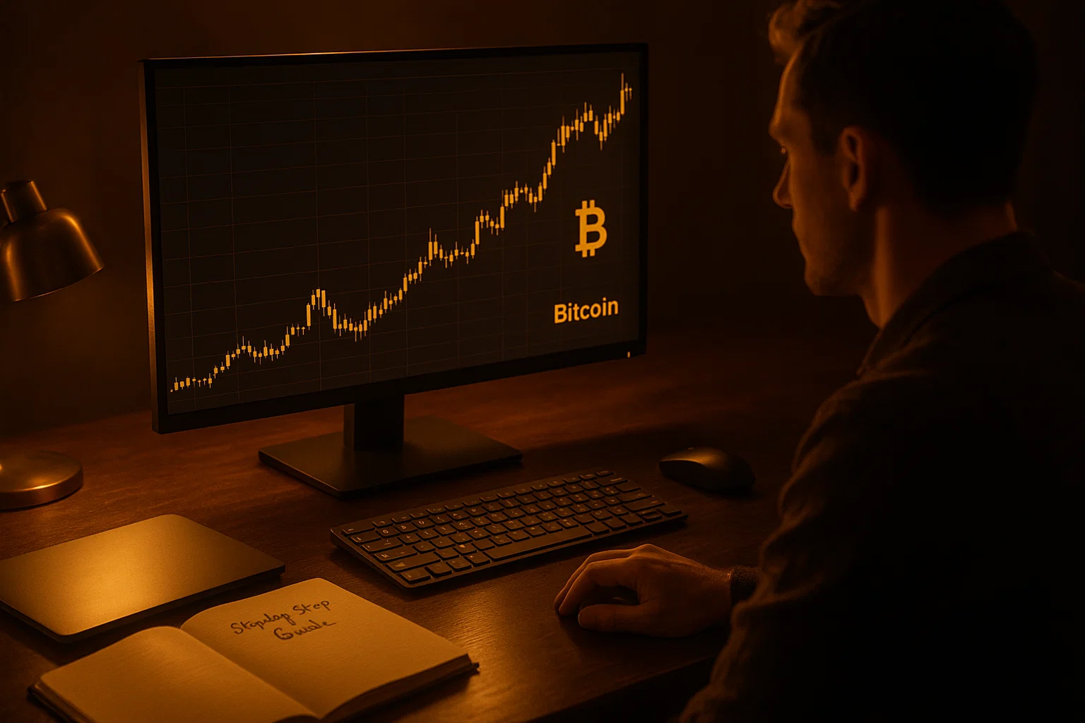 Focused trader looking at a crypto chart on a glowing monitor in a cinematic, golden-lit office, with a guide open on the desk.