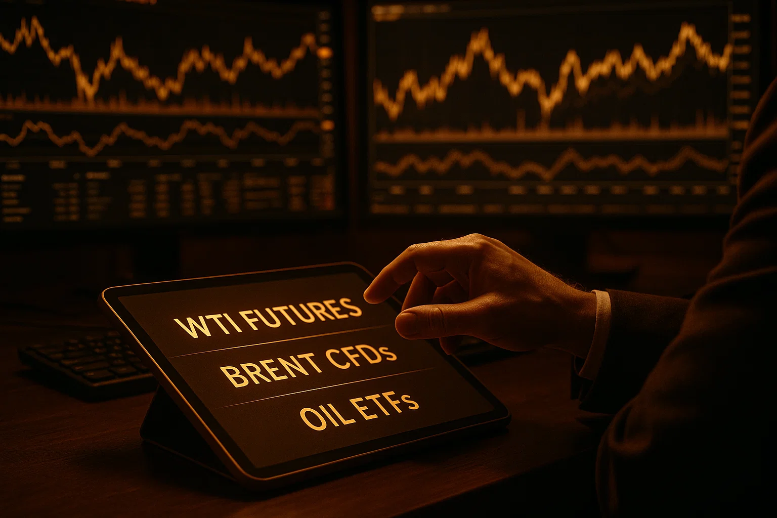Cinematic image of a trader's hand interacting with a screen displaying WTI and Brent trading instruments like Futures and CFDs.
