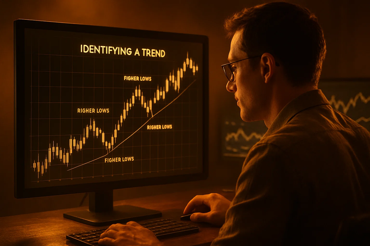 A highly detailed, golden-hued chart showing clear Higher Highs and Higher Lows, demonstrating how to Identify a Trend in the market.
