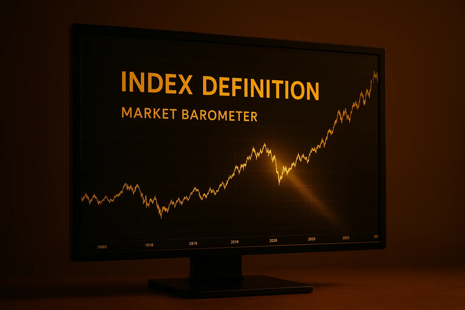 A hyper-realistic image defining index trading, showing a complex market index chart glowing on a dark screen in a warm golden light.