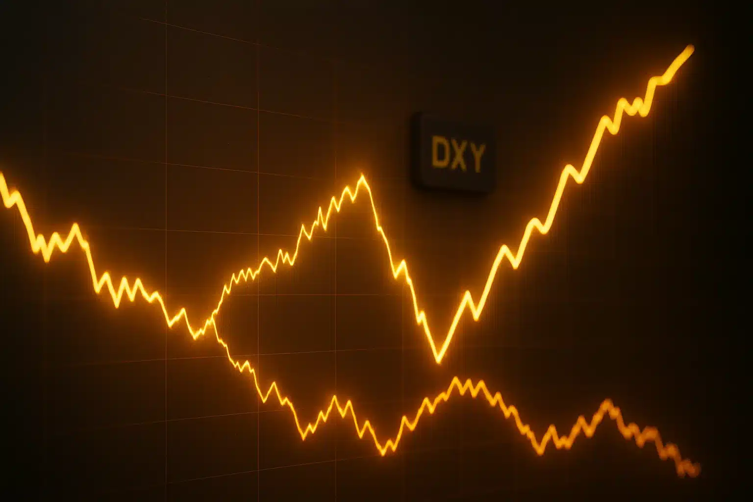 Visualization of two golden chart lines moving in opposite directions, representing negative correlation, with DXY visible.