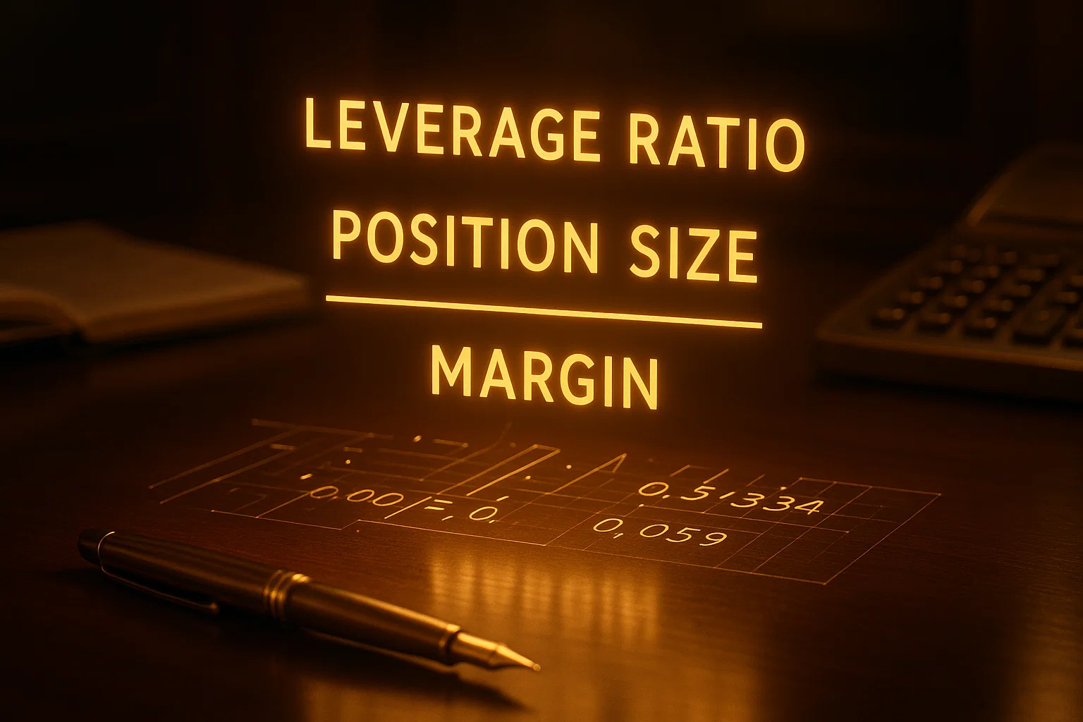 Holographic projection of the Gearing Ratio formula (Position Size / Margin) glowing in golden light, illustrating the core calculation of financial risk.