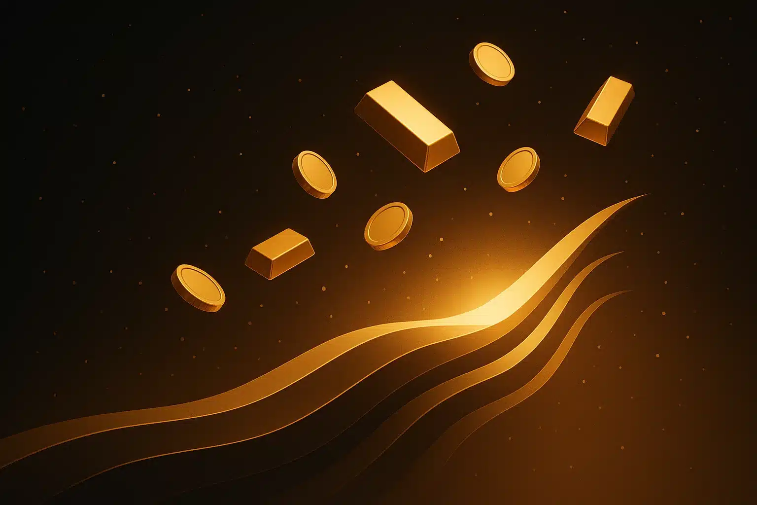 Long term gold price outlook 2040 visual with bars coins and rising curves.