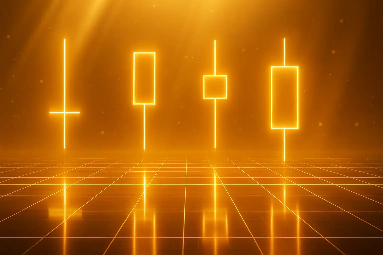 Types of doji candlestick patterns glowing in gold.