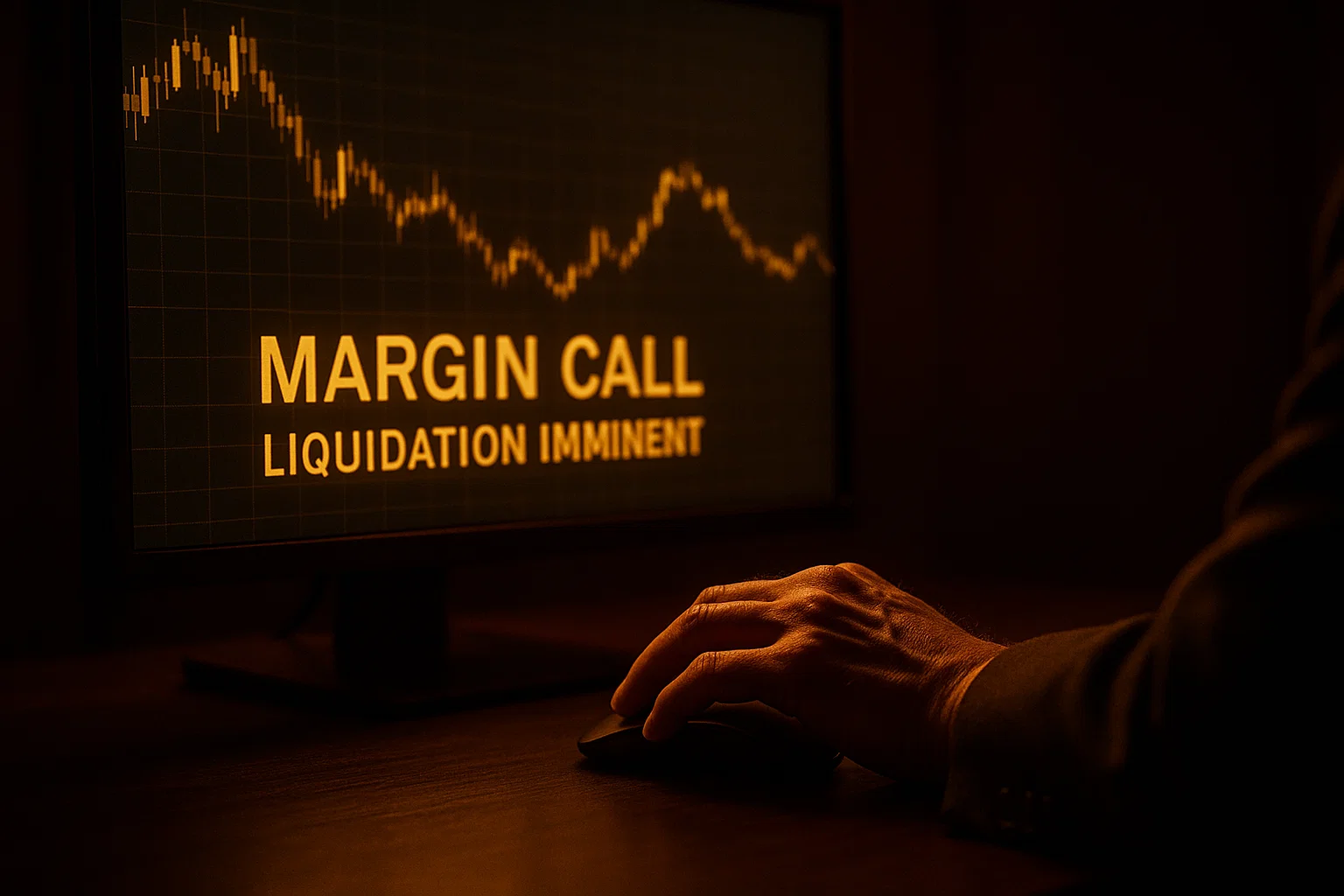 Close-up of a tense hand hovering over a desk, illuminated by a monitor displaying the critical warning 'MARGIN CALL - LIQUIDATION IMMINENT'.