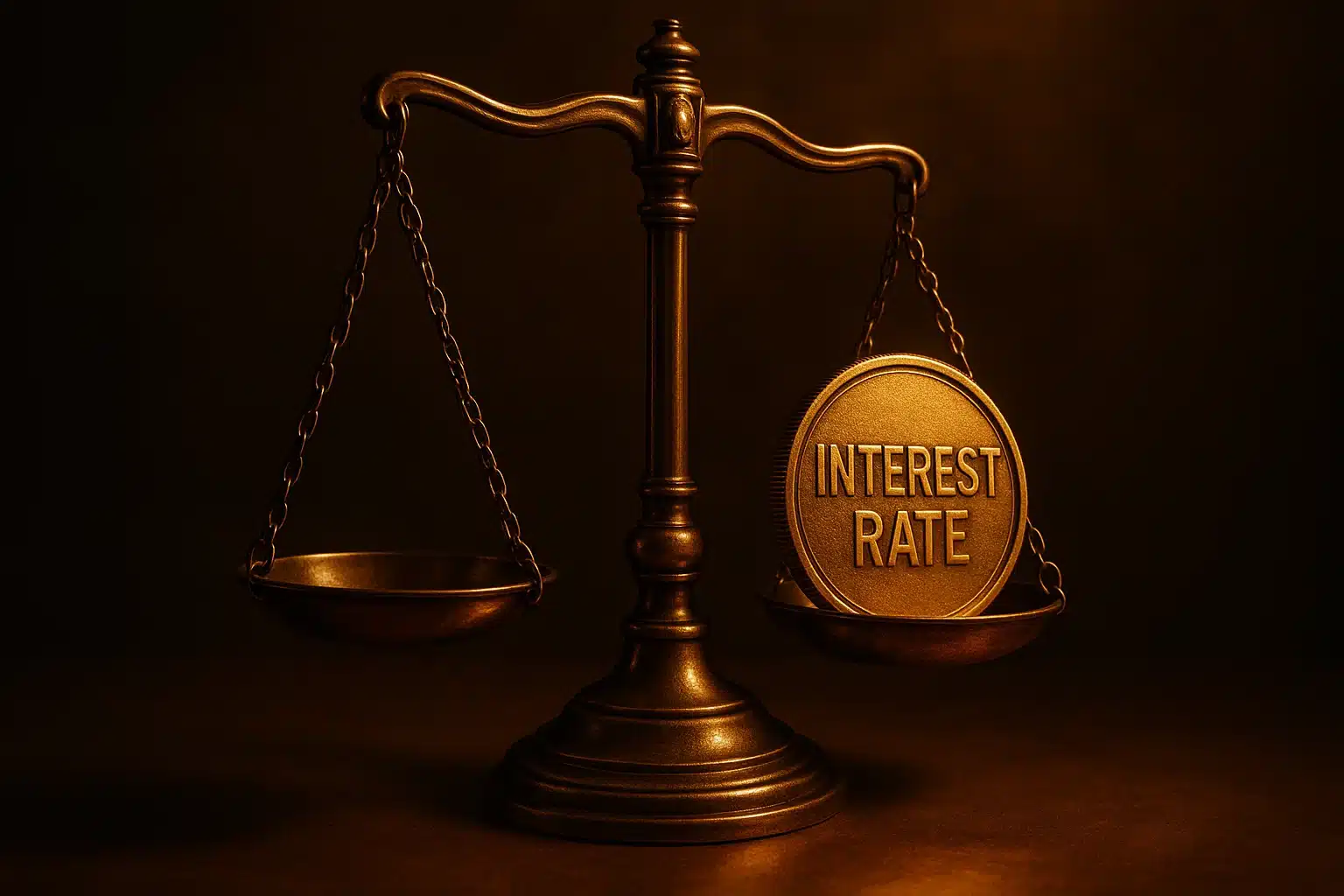 Symbolic golden balance scale with one side lowered by a coin marked 'INTEREST RATE,' representing market influence.