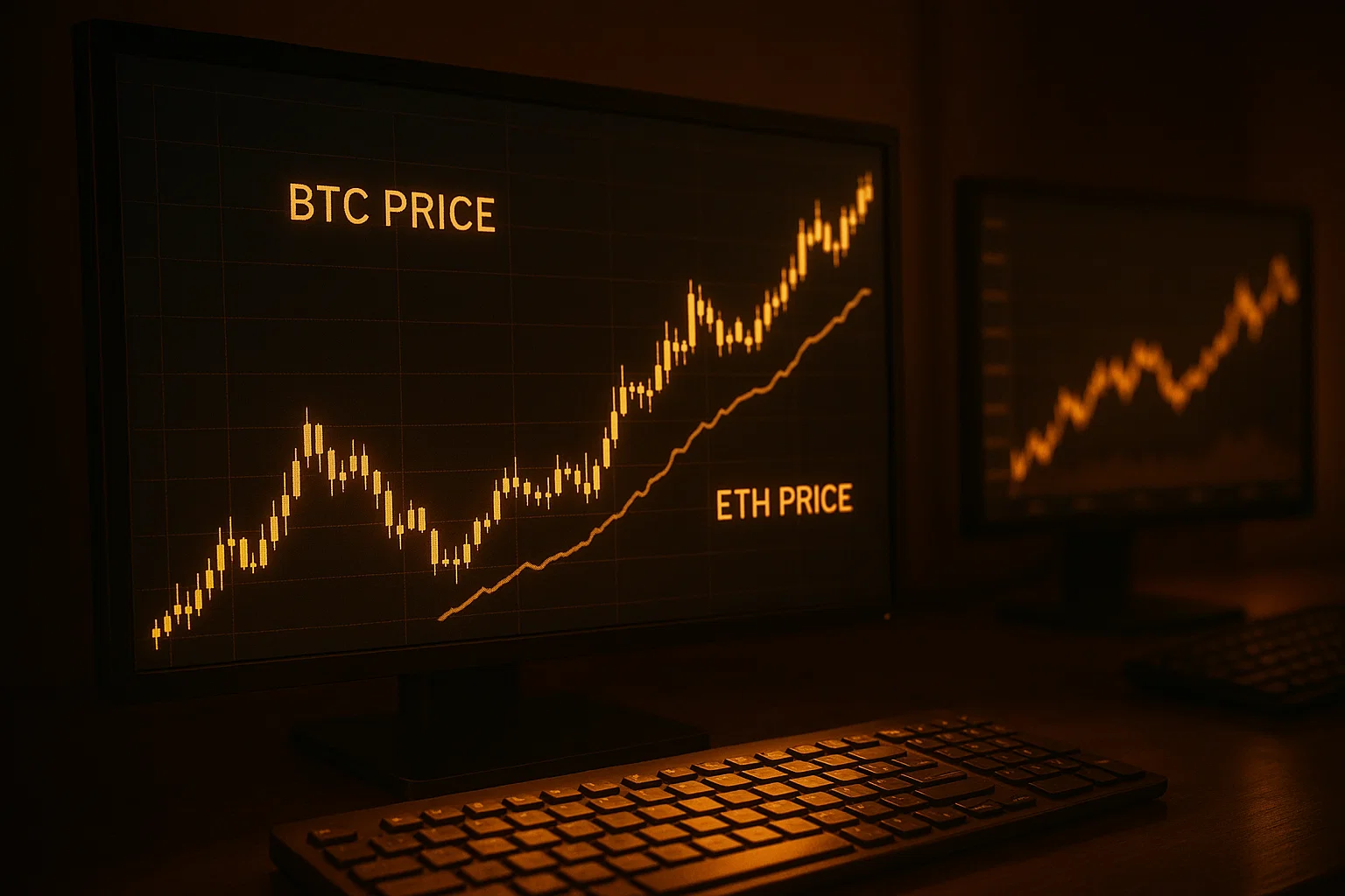Candlestick chart displaying the historical price performance and trend lines for BTC and ETH in a golden-lit trading environment.