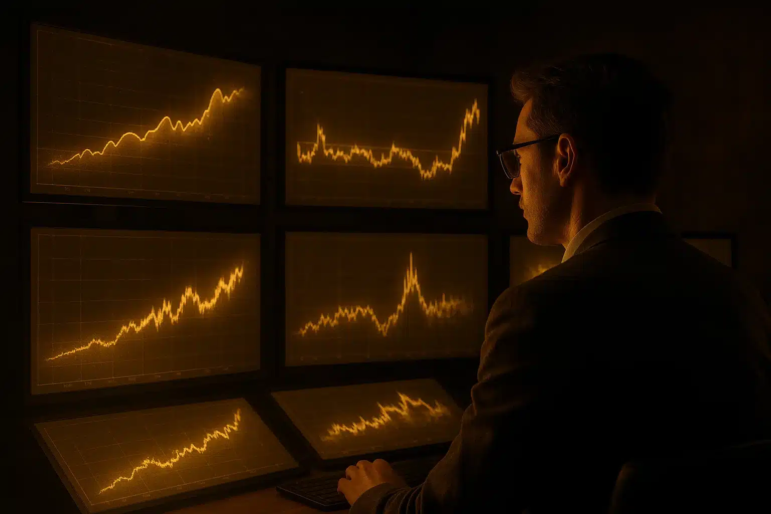 Matching strategy market conditions shown with trader analyzing multiple charts.