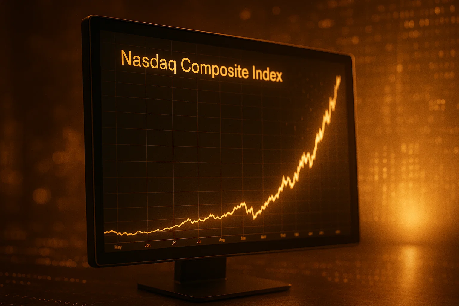 Hyper-realistic shot of a highly volatile Nasdaq Composite Index chart on a golden-lit monitor, highlighting tech growth.