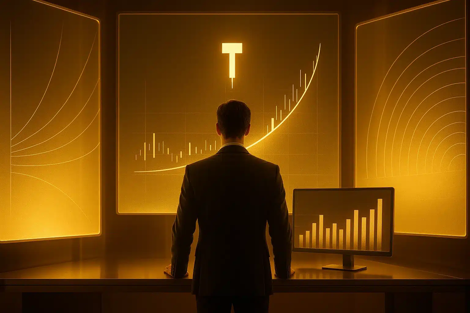 Position sizing risk management trading display in gold tones.