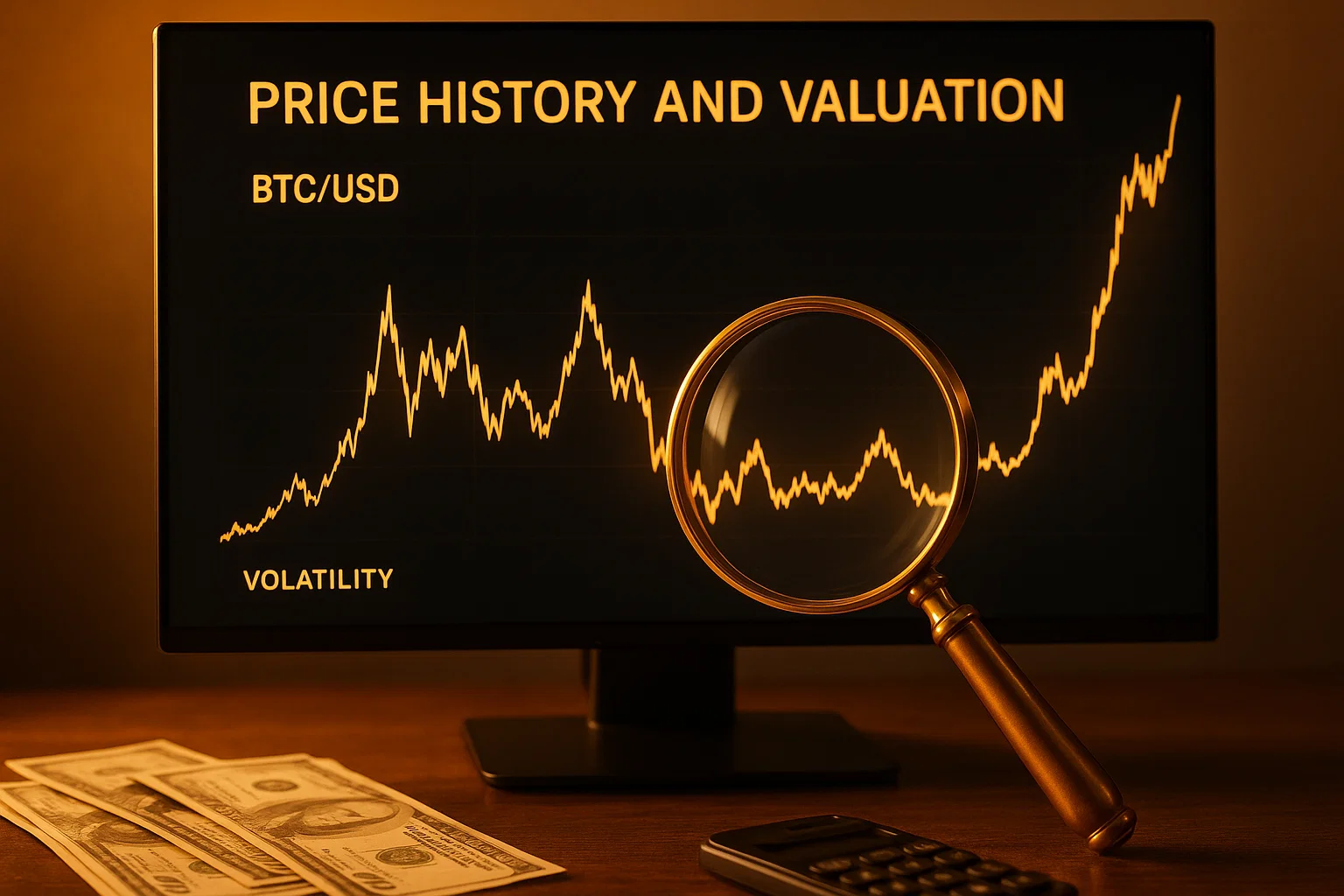 A detailed cryptocurrency monitor showing a volatile BTC/USD price chart under a golden magnifying glass, representing price history and valuation.