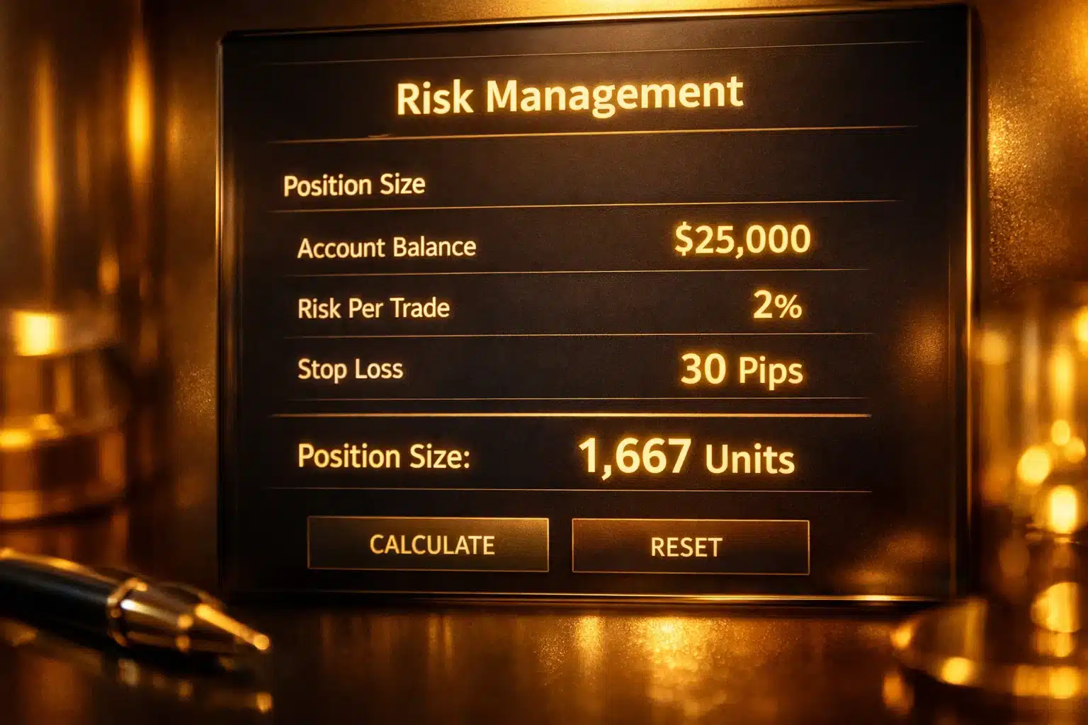 Risk management and position sizing concepts displayed on a cinematic golden screen.