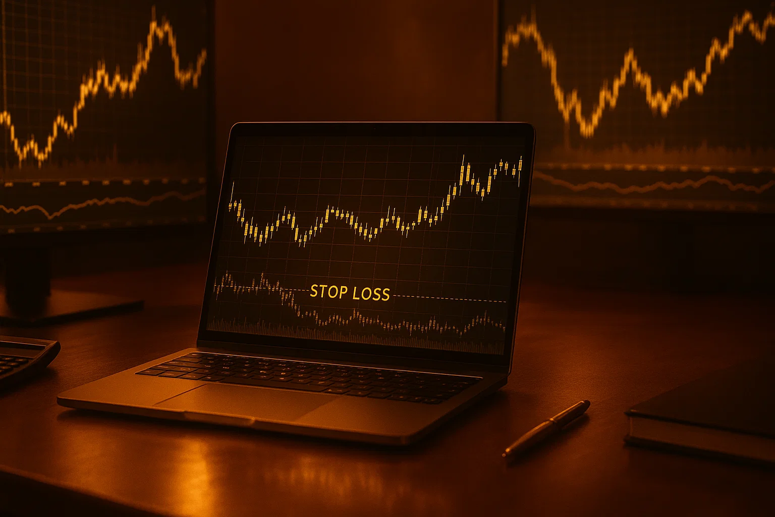 Laptop screen displaying a trading chart with a clearly defined stop loss level for risk management.