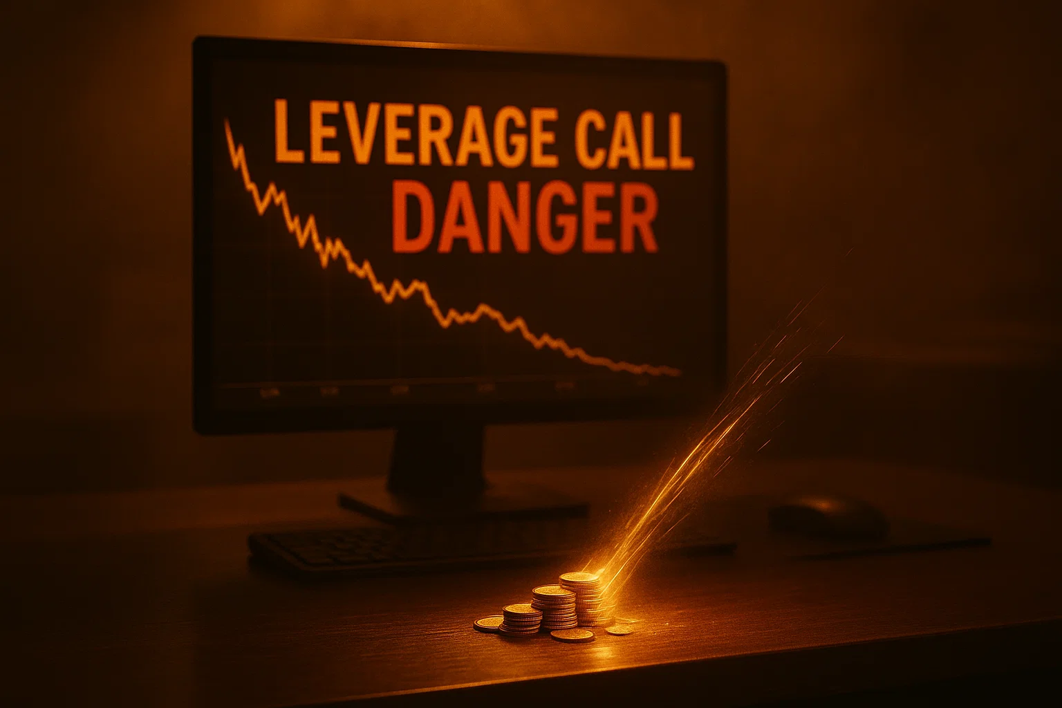 Dramatic visual metaphor for margin call danger, showing a shrinking pile of golden coins against a monitor with a sharp price drop and a warm, urgent glow.