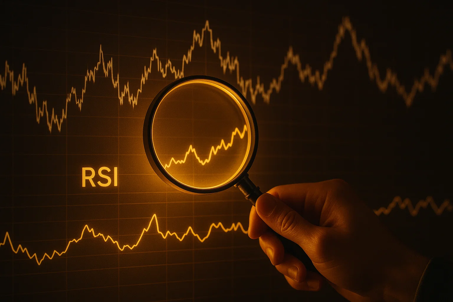Conceptual image showing a magnifying glass highlighting the clear line of the Relative Strength Index (RSI) indicator on a chaotic chart.