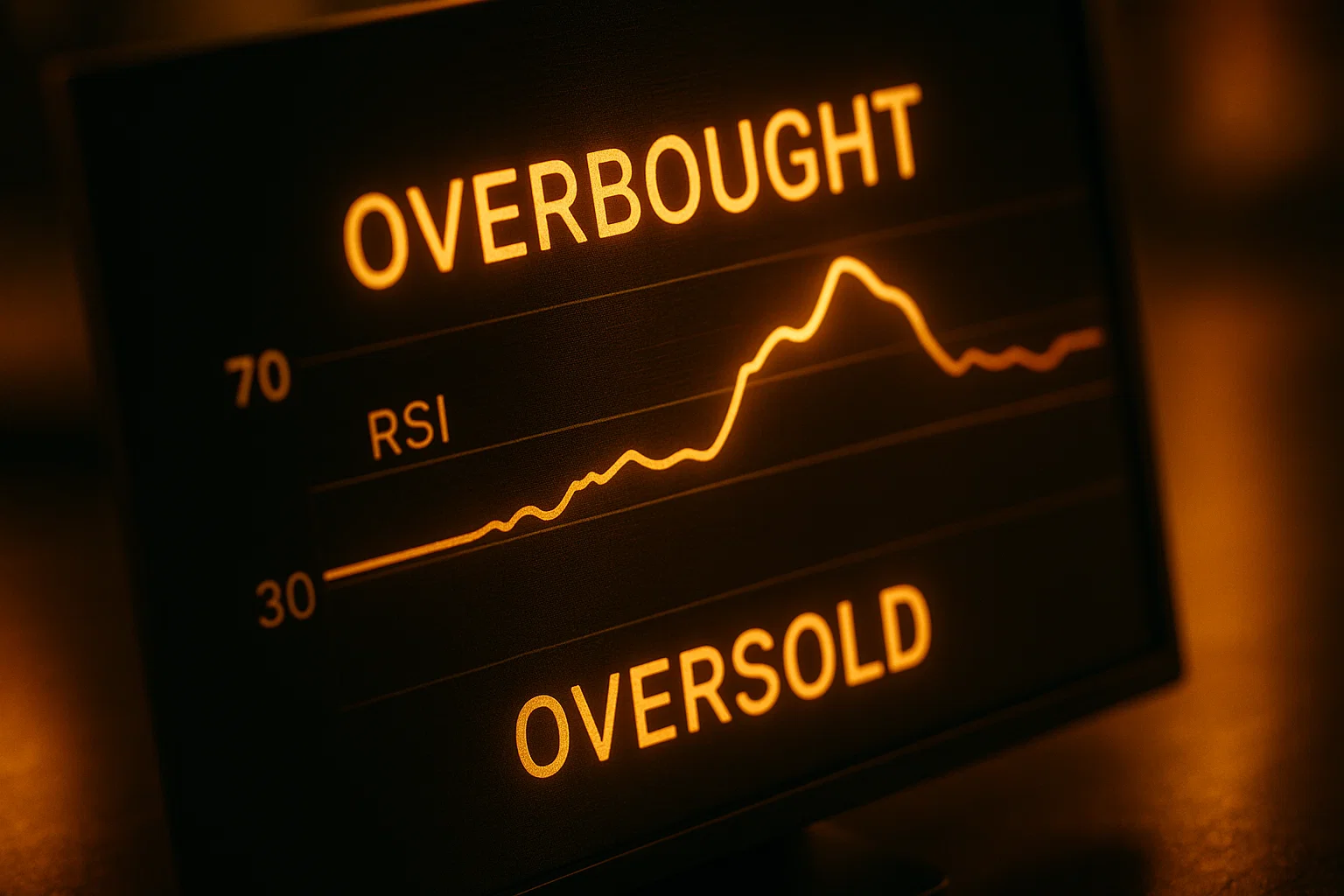 Digital screen displaying the Relative Strength Index (RSI) line crossing the 70 level, illustrating the concept of 'OVERBOUGHT'.