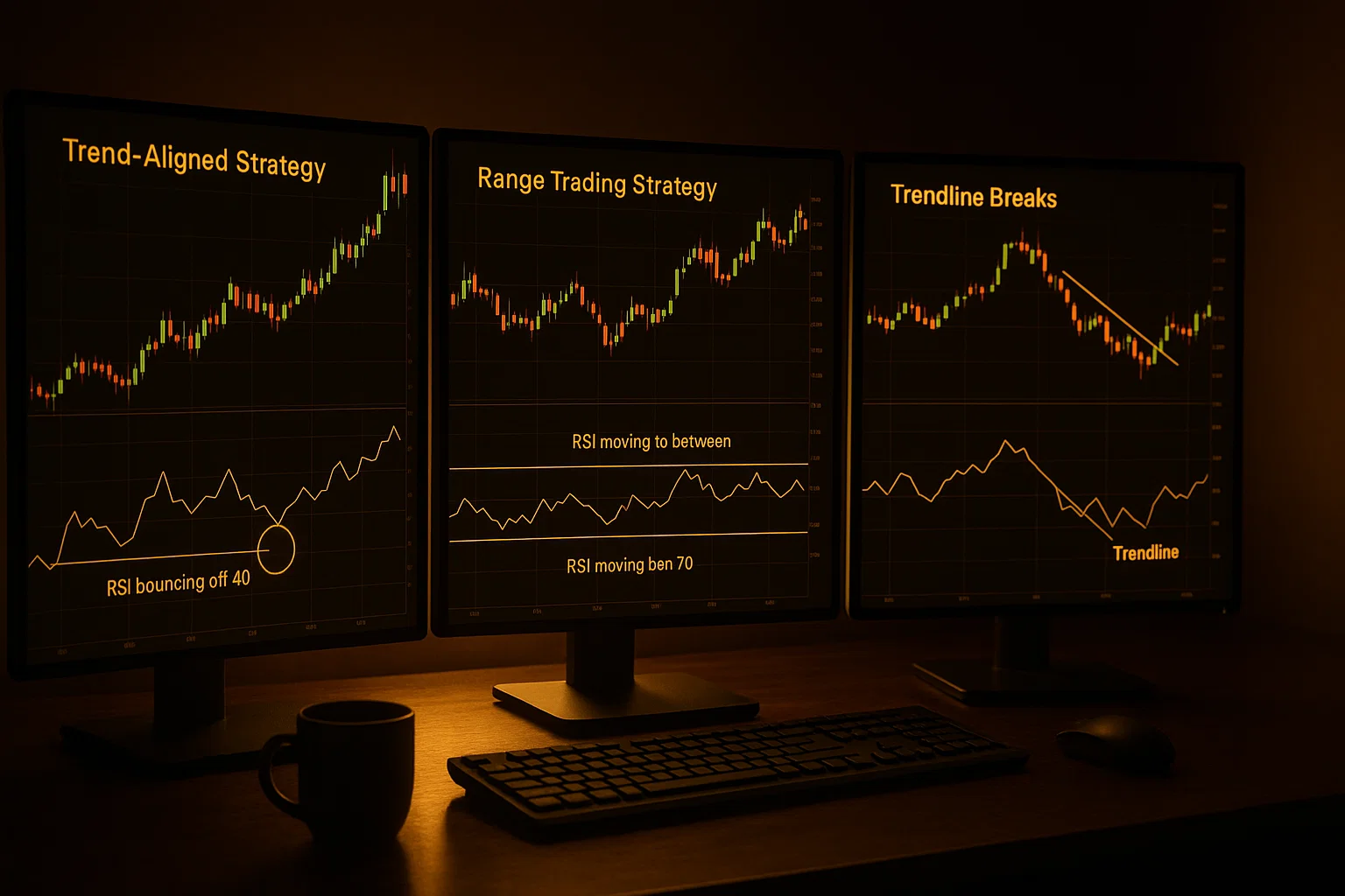 Multi-screen trading setup showing three different charts, each illustrating a key Relative Strength Index (RSI) trading strategy.