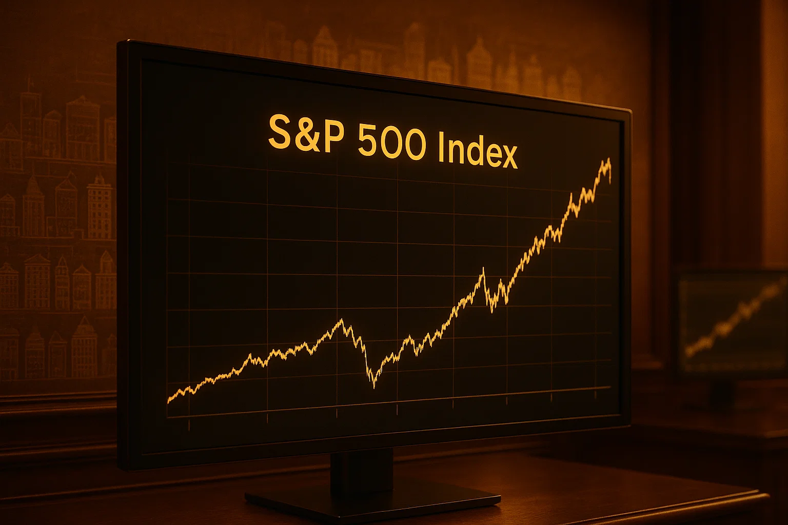 Hyper-realistic image of a monitor displaying a broad S&P 500 Index chart, symbolizing market diversification and scale.