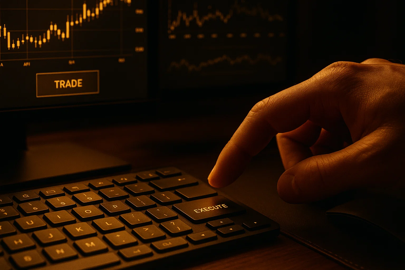 A close-up, hyper-realistic image of a finger poised to execute a trade on a dark, golden-lit keyboard, representing the start of trading.