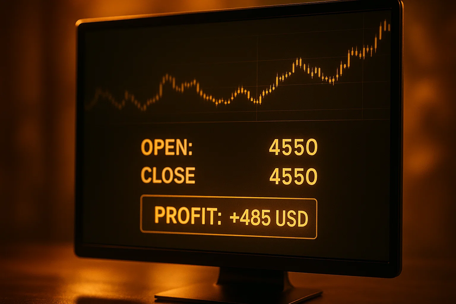 A close-up of a golden-lit monitor showing a trade summary.