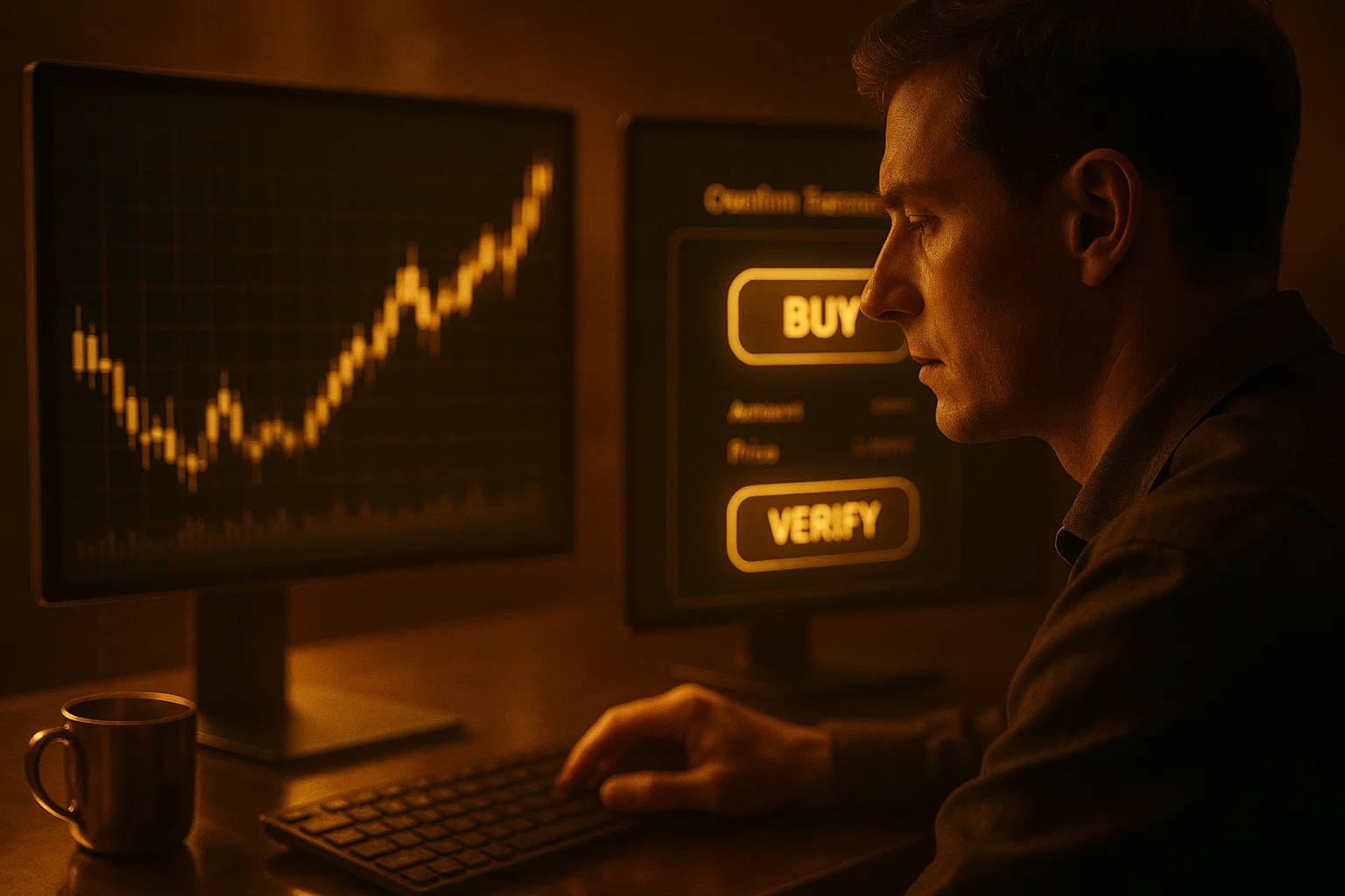 Close-up of a secured trading interface on a golden-lit monitor, highlighting transaction buttons labeled BUY and VERIFY.